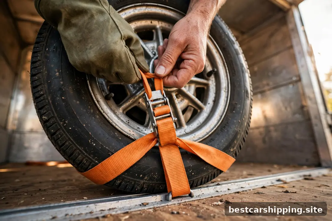 Driver securing a classic car wheel with soft orange nylon straps on an enclosed trailer