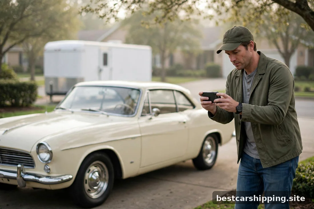 Owner photographing a classic coupe during pre-shipping inspection