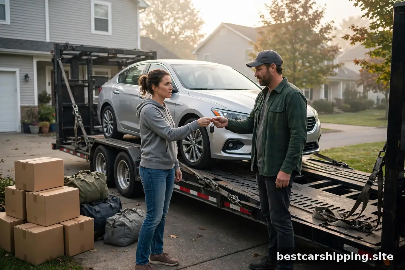 Family loading a sedan onto an open car carrier on moving day at a suburban home