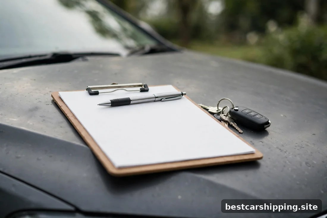 Blank clipboard and car keys on a sedan hood ready for shipping paperwork