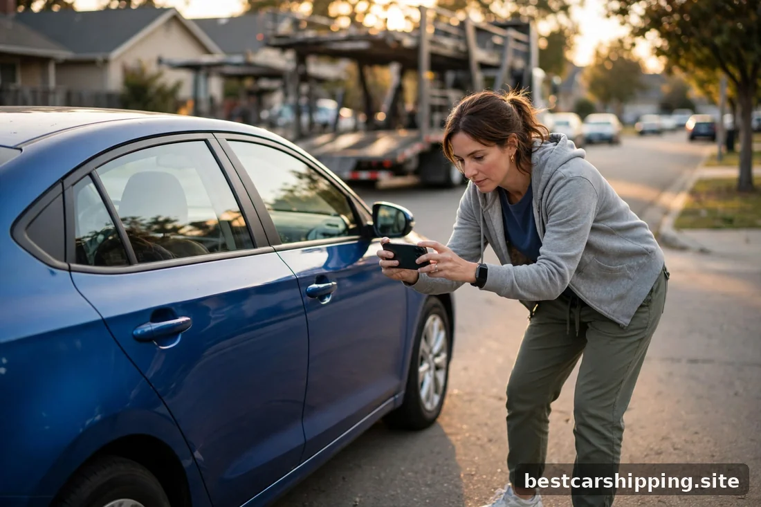 Woman photographing a sedan at pickup with a car carrier truck behind