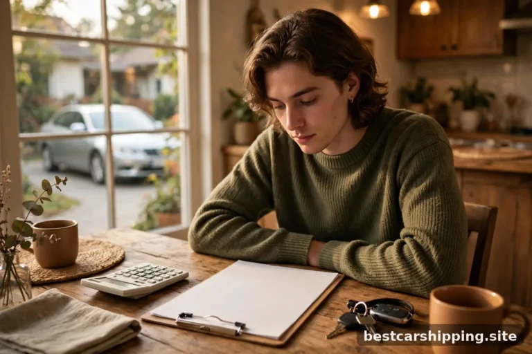 Person reviewing a car shipping contract with a calculator and car keys at a kitchen table