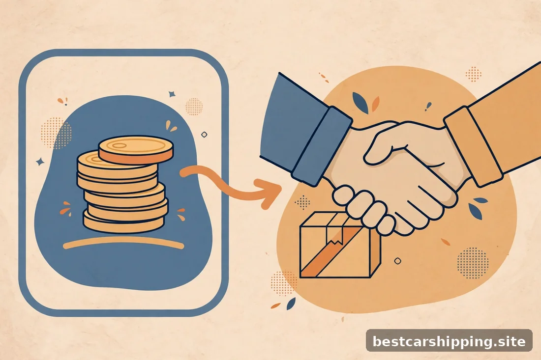 Illustration of a two-part payment flow with a small deposit and delivery handshake