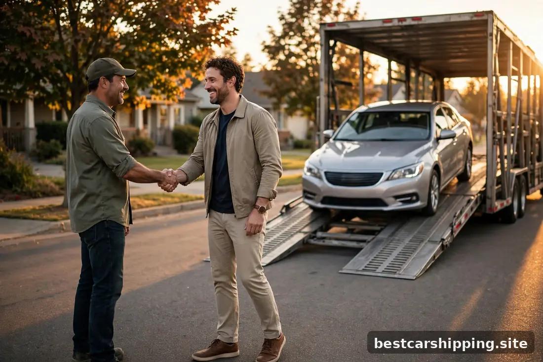 Truck driver and car owner shaking hands at delivery beside an open carrier
