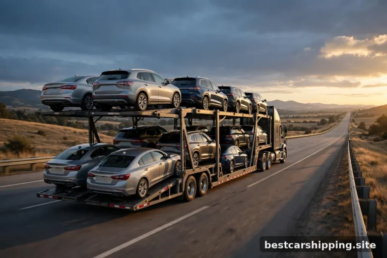Open car carrier loaded with cars driving on an interstate highway at golden hour