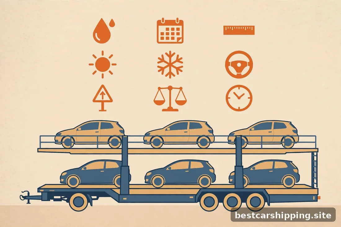 Illustration of a car carrier with cost factor icons floating above it