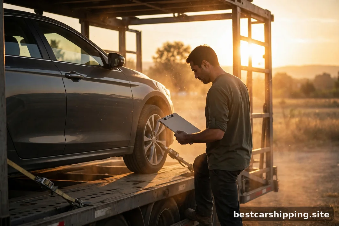 Truck driver inspecting a sedan on a carrier trailer with a clipboard at sunset