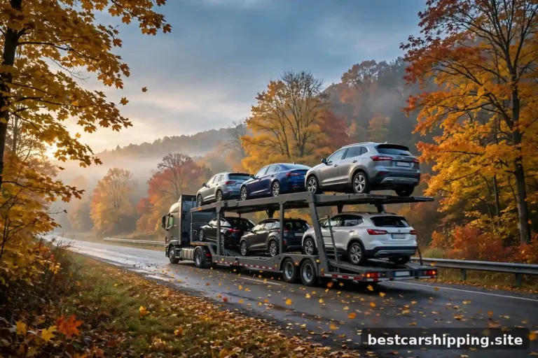 Open car carrier driving through autumn foliage on a highway in fall