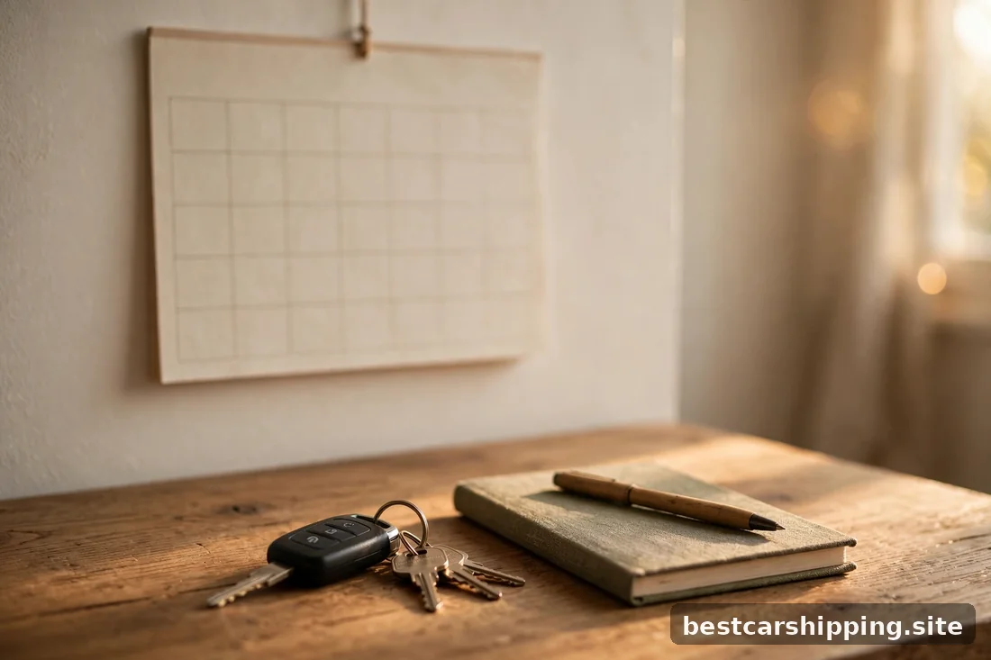 Desk with a blank calendar, car keys, and notebook for planning a fall shipment
