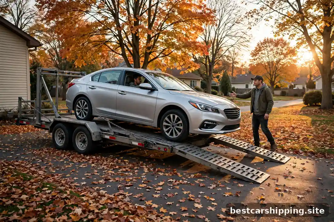 Sedan being loaded onto a car carrier in a suburban driveway with autumn leaves