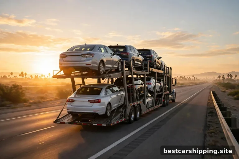 Open car carrier heading south on a highway at sunrise with palm trees on the horizon