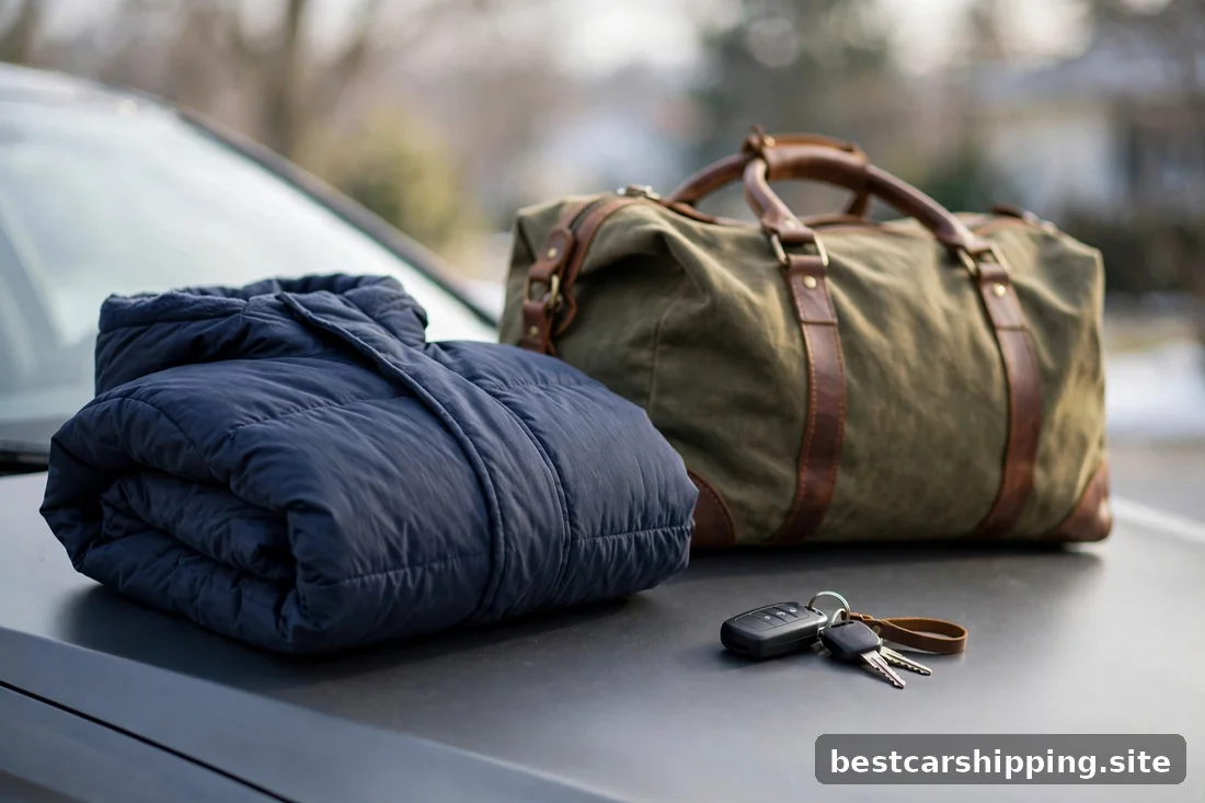 Travel duffel bag and car keys on a sedan hood ready for a winter trip south