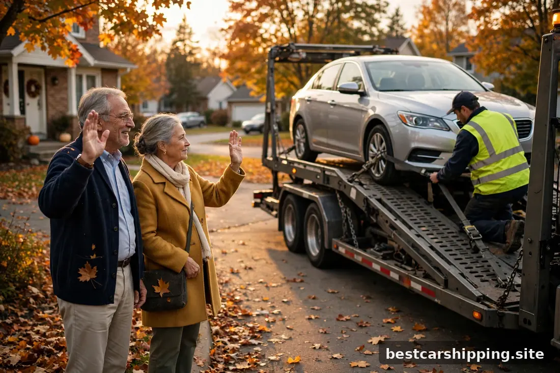 Older couple waving as their sedan is loaded onto a car carrier in autumn