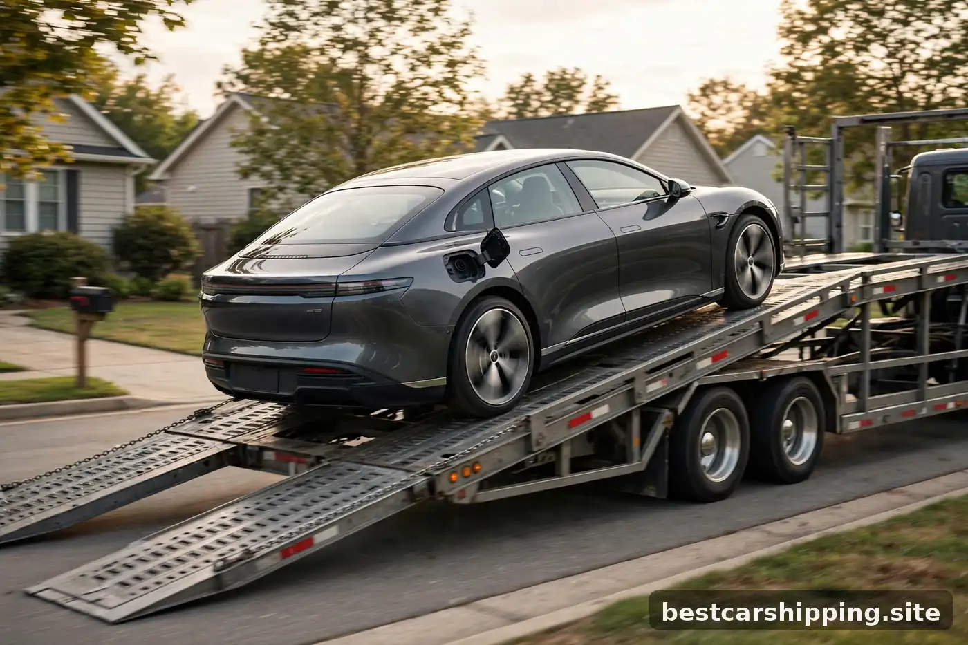 Electric sedan with visible charging port being loaded onto an open car carrier