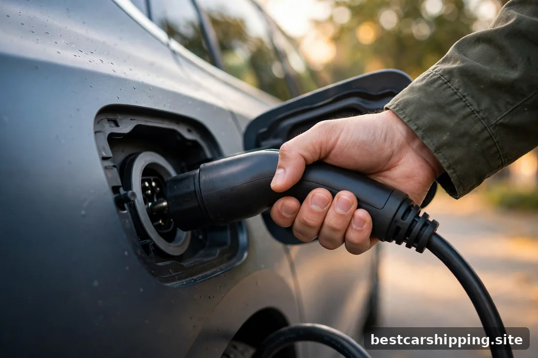 Close-up of an EV charging cable plugged into a sedan's charging port