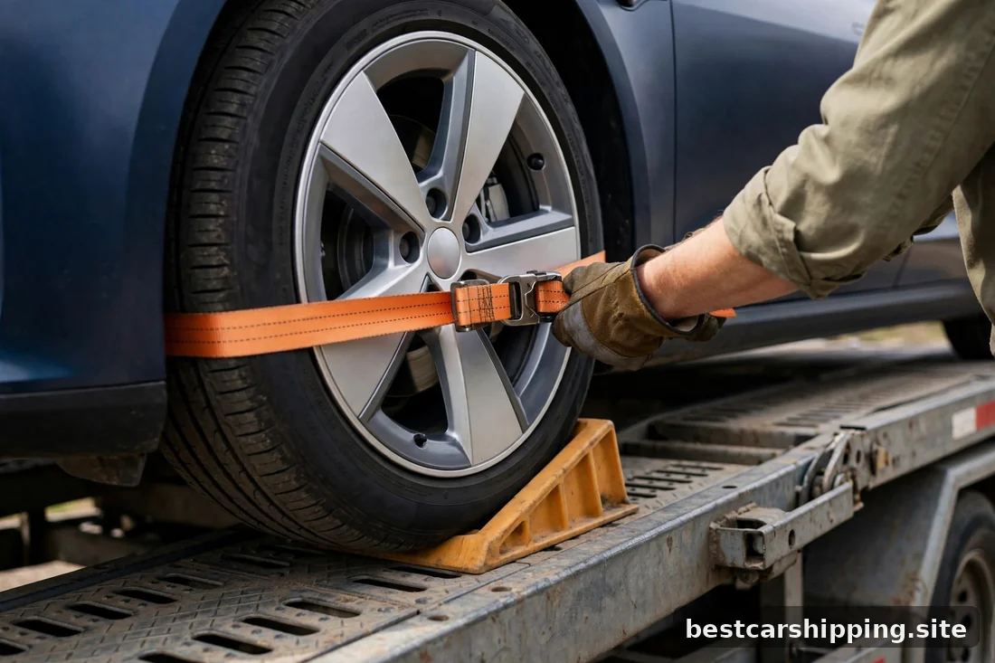 Driver securing an electric sedan on a carrier trailer with soft wheel straps