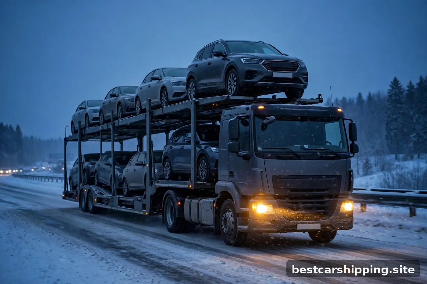 Car carrier driving on a snowy highway at dusk with headlights glowing