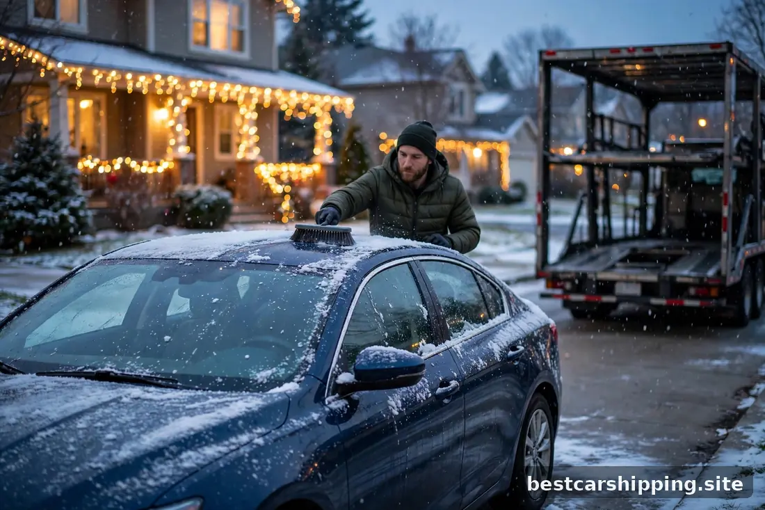 Owner brushing snow off a sedan before pickup with a carrier truck waiting