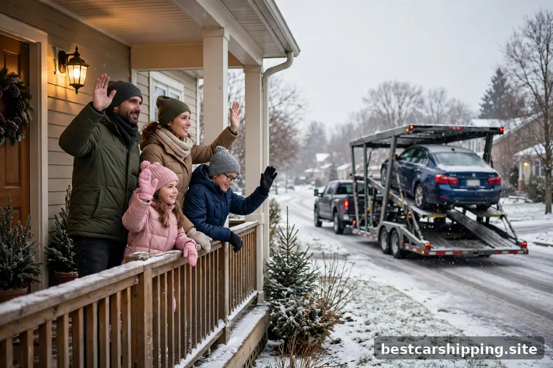 Family waving as a car carrier departs down a snow-covered street
